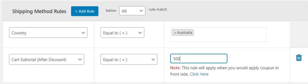 How to Set Table Rates Shipping in WooCommerce? 7 Figure 7 - Shipping Rule For all Australian Buyers who spent more than £500