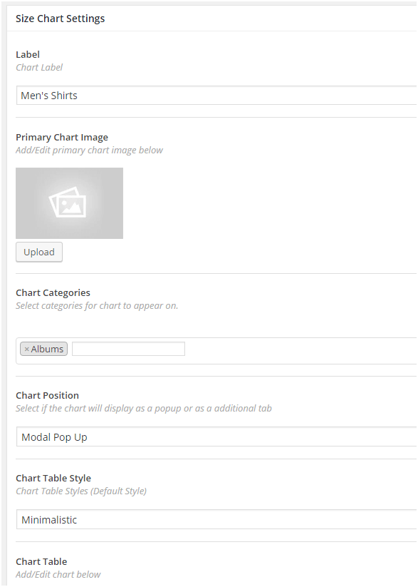 How to create a WooCommerce size chart? 4 Figure 4 - Adding Label, image, position, categories, table style, etc.