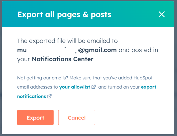 Hubspot export popup