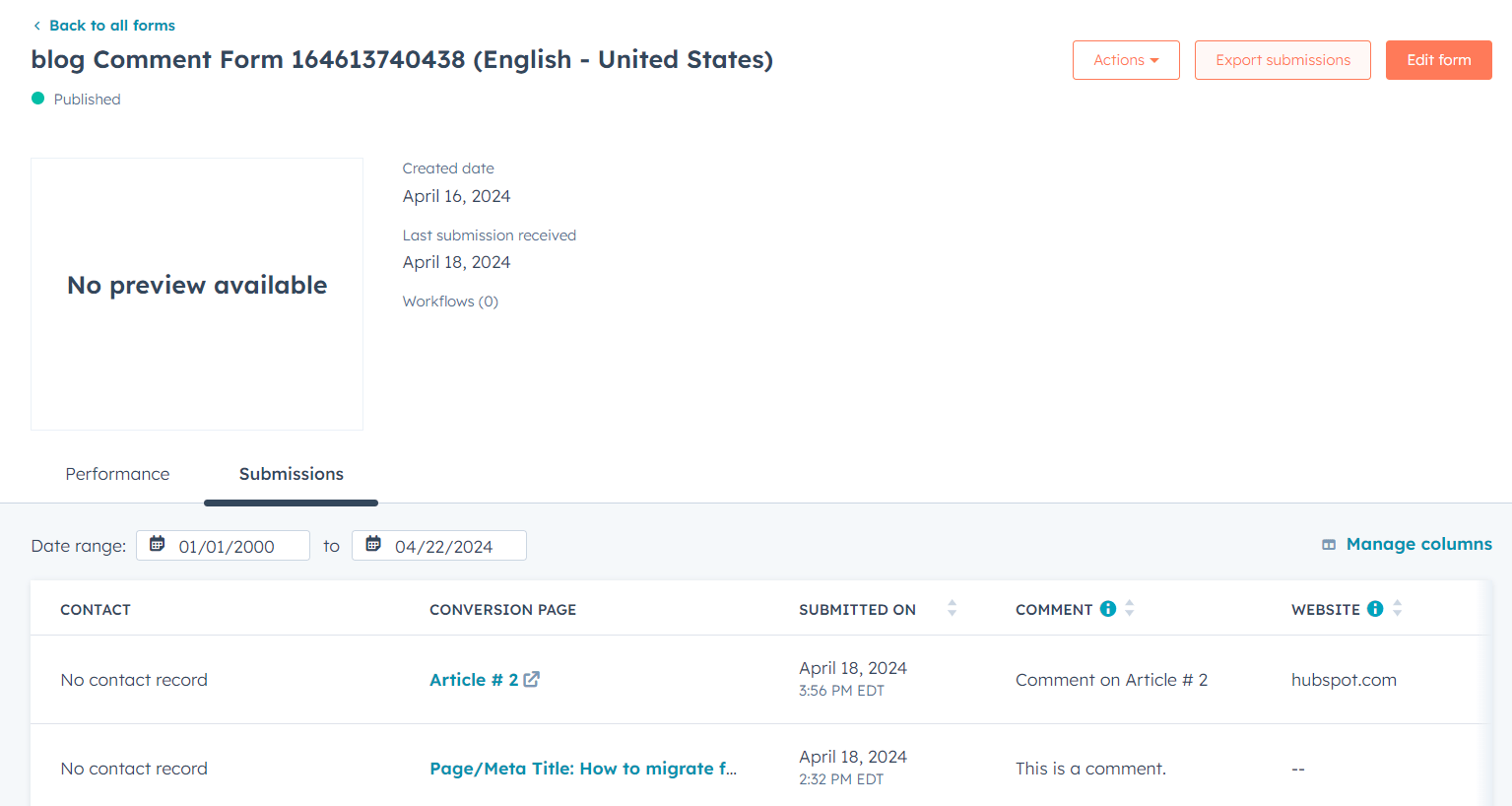 Hubspot export submissions
