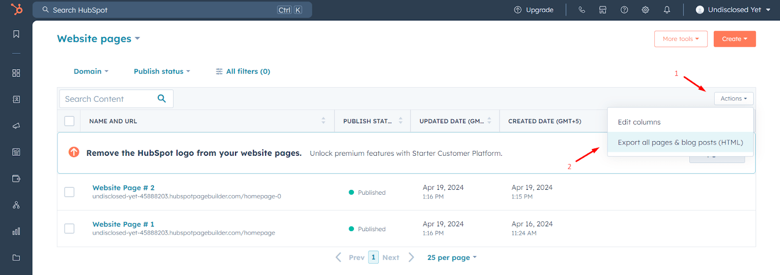 Hubspot export all pages