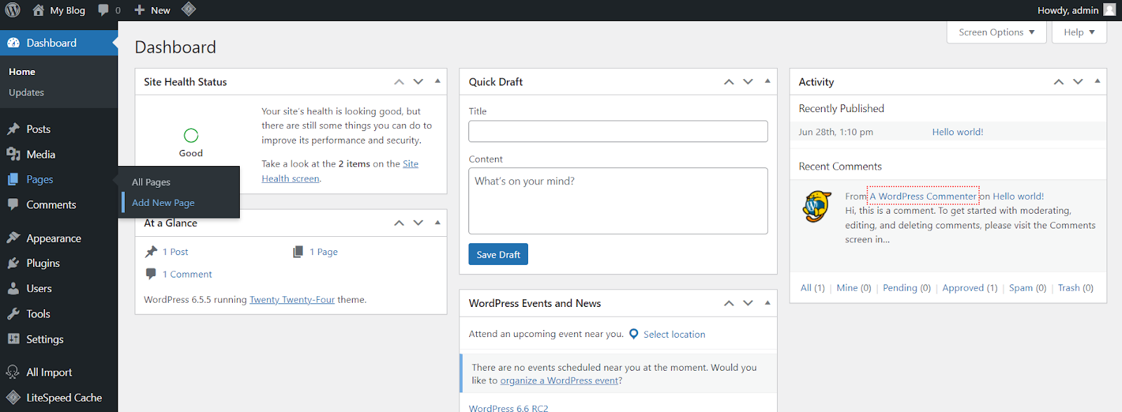 WordPress add new page
