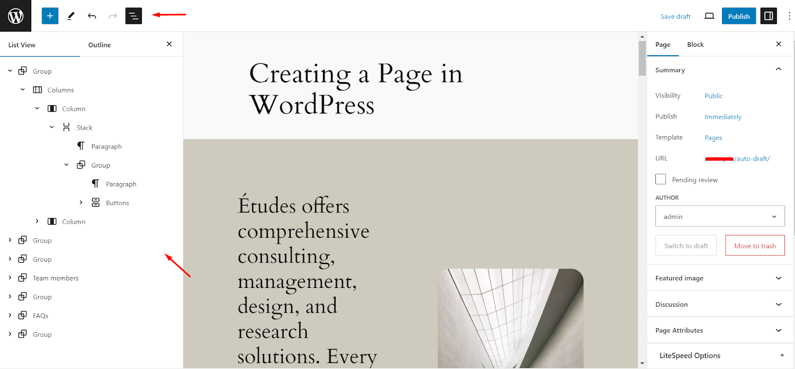 WordPress page layout