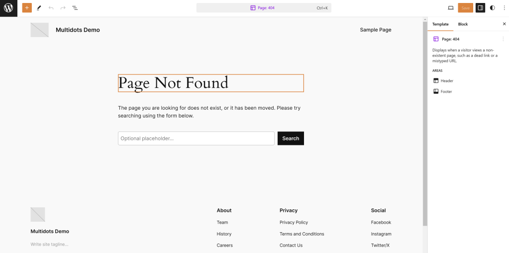 The “Page: 404” template in the Template Editor