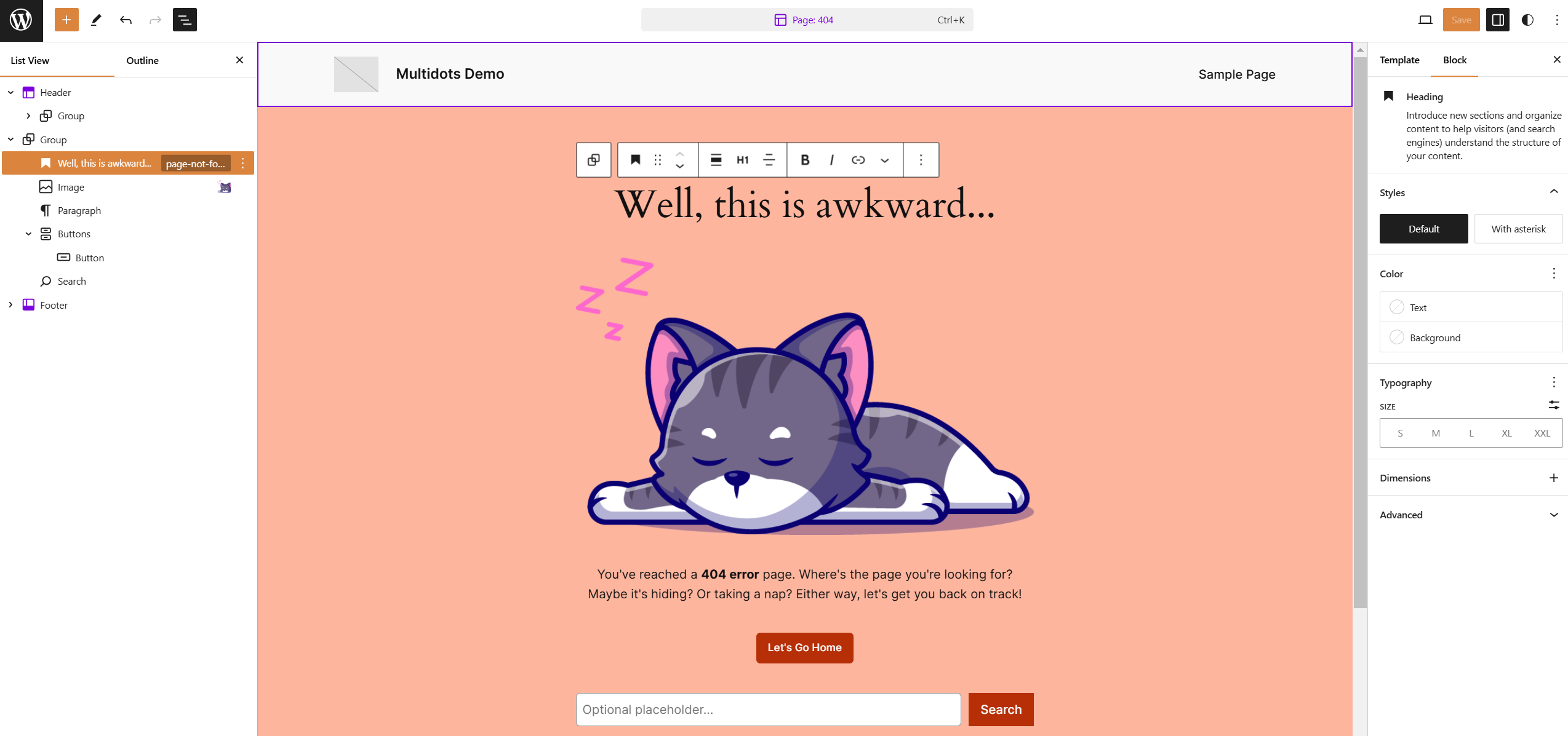 Bearbeiten der 404-Vorlagenseite