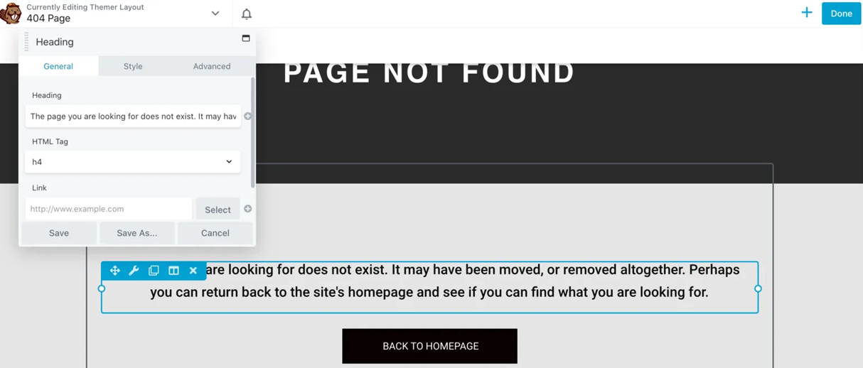 Beaver Builder's 404 Seitenvorlagen-Editor