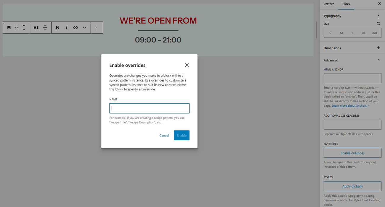 Enable overrides for individual Blocks in synced Patterns