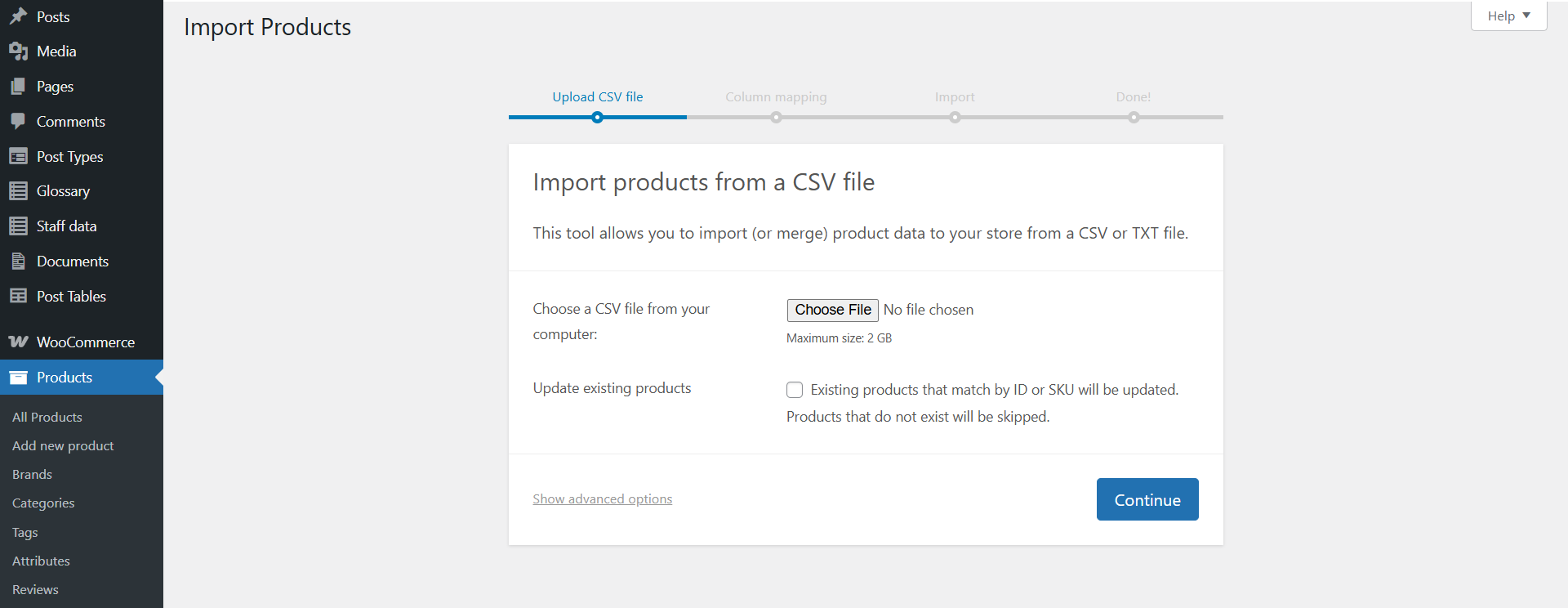 WooCommerce admin product import page