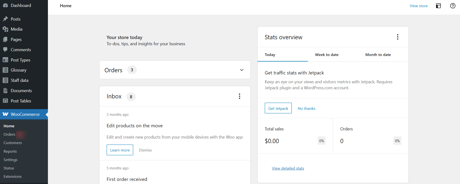 WooCommerce admin dashboard