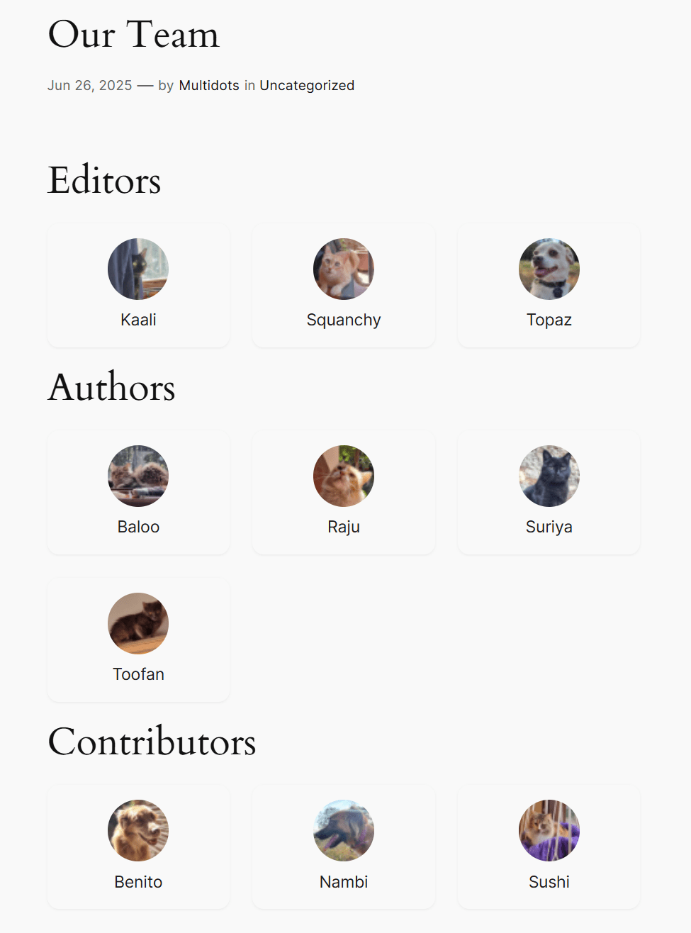 A screenshot of the final dynamic block we’ll be creating in this tutorial. It shows a list of users divided by various user roles: editors, authors, and contributors.