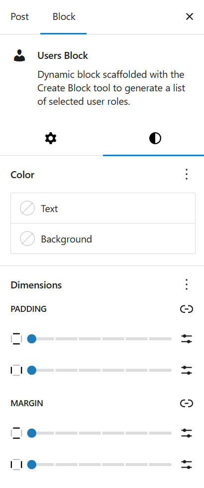 The color and spacing settings in the custom block’s sidebar panel