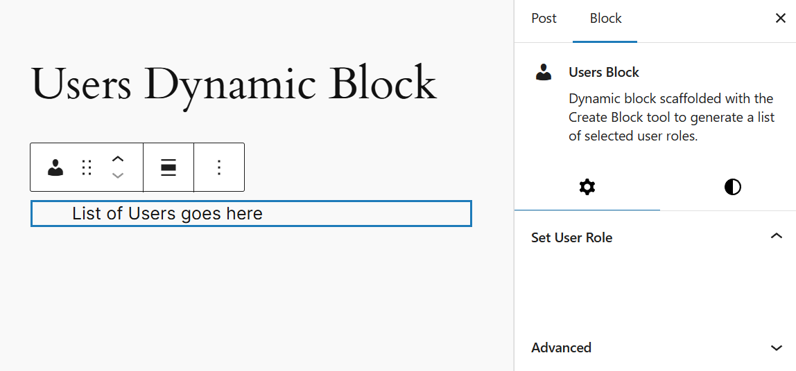 Checking the dynamic block’s updated sidebar panel showing the