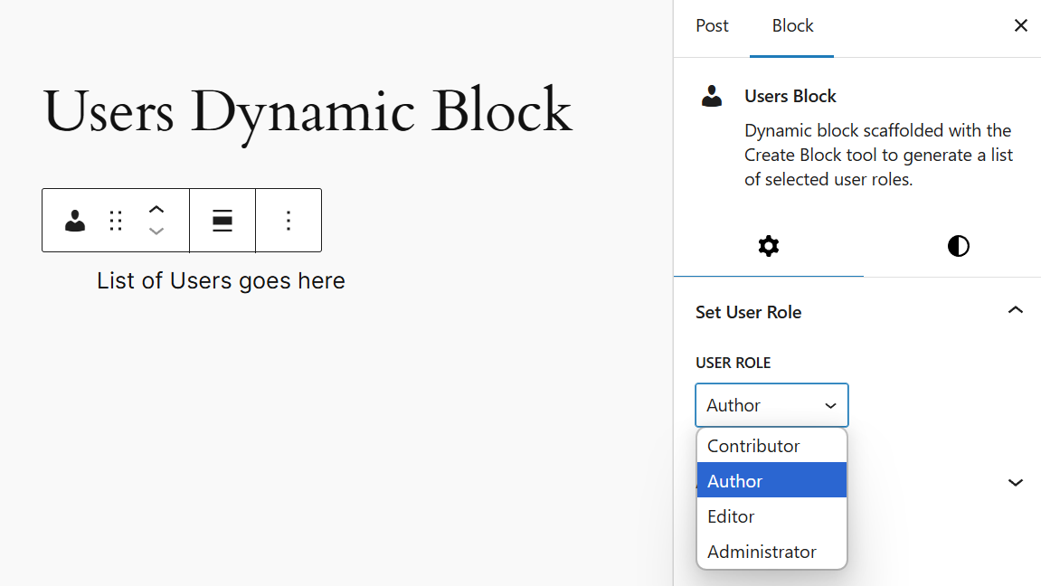 Checking the updated sidebar panel of our dynamic block, showing various User Roles to choose from.