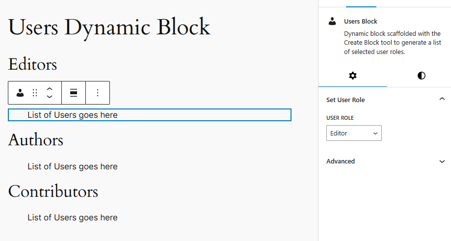 Three instances of the custom dynamic User Block are added, each set to a different user role setting.