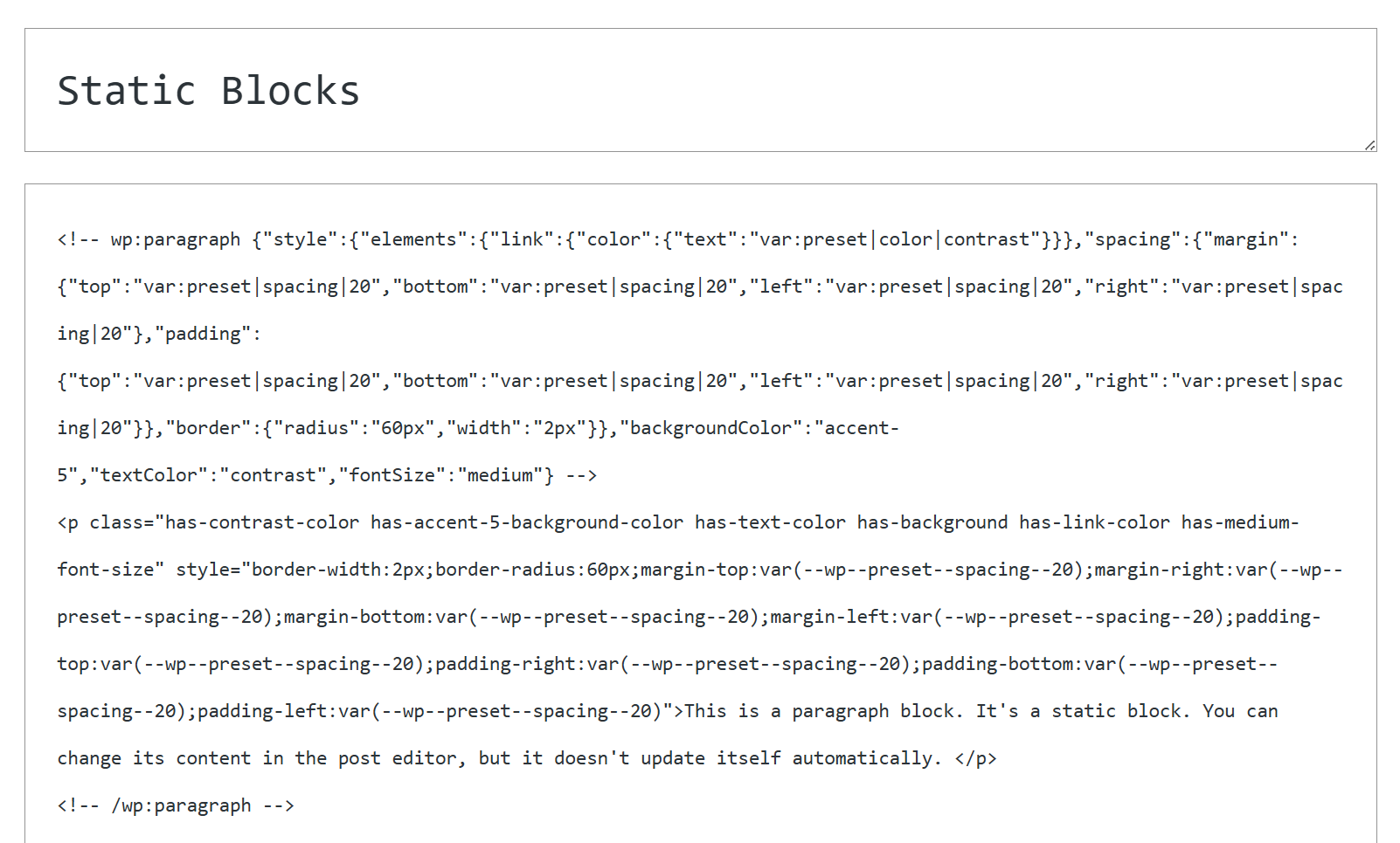 Viewing the customized paragraph block’s updated HTML content in the post code editor