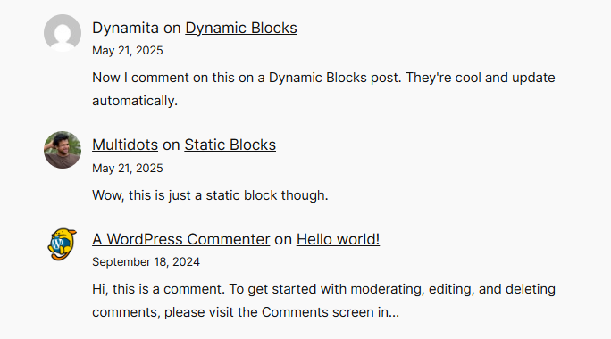 Checking the Latest Comments dynamic block in the site frontend
