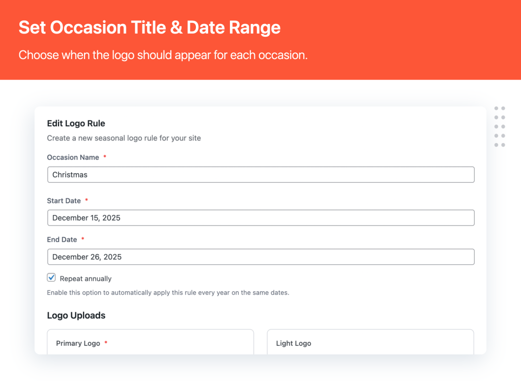 Set Occasion Title & Date Range