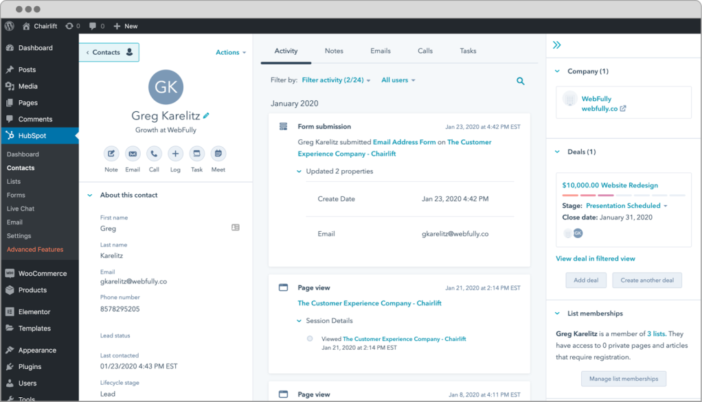 WordPress Hubspot dashboard