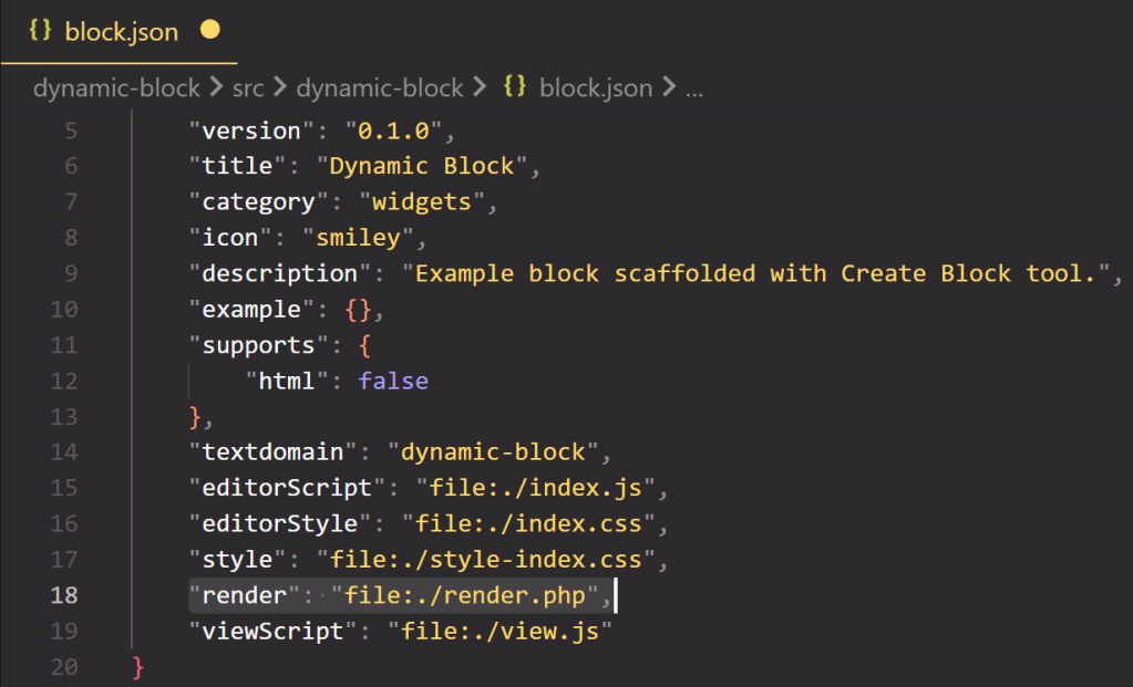 A screenshot of the default block.json file with “render.php” highlighted