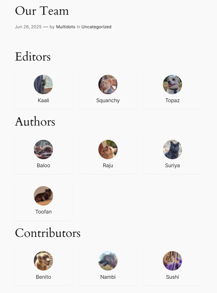 A screenshot of the final dynamic block we’ll be creating in this tutorial. It shows a list of users divided by various user roles: editors, authors, and contributors.