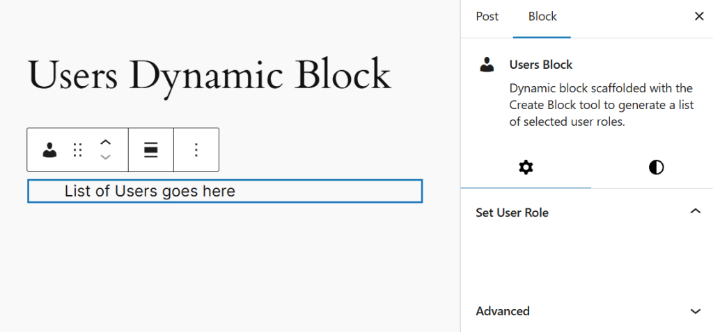 Checking the dynamic block’s updated sidebar panel showing the “Set User Role” label