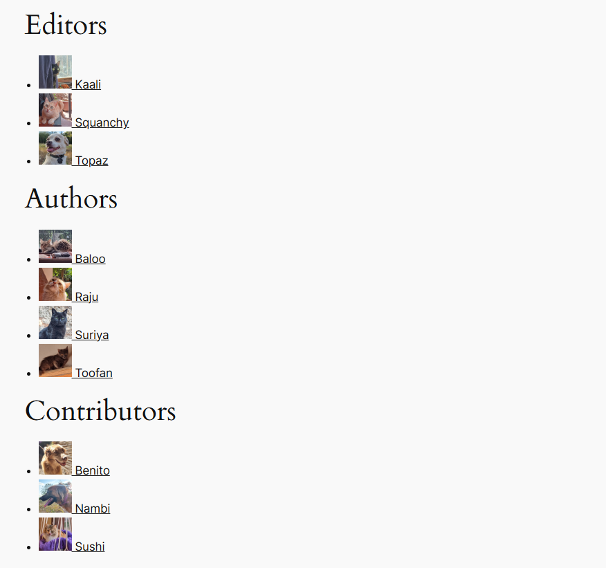 Checking the dynamic block’s render on the site frontend, showing many users listed under various User Role headings. The users include an avatar and a name.