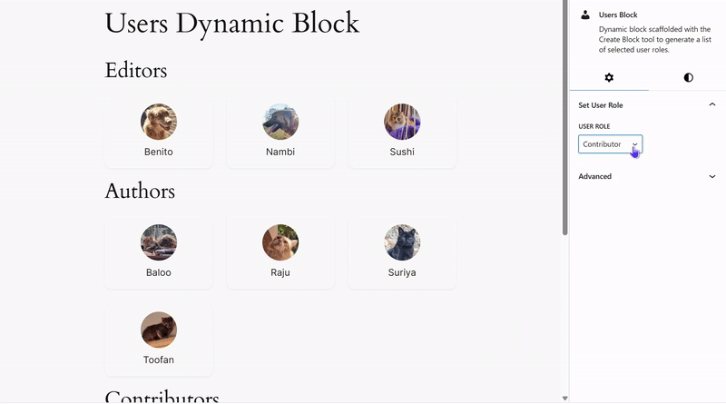 A capture of the dynamic block’s interactivity inside the block editor.