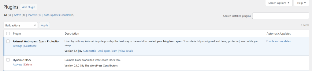 Activating the newly created “Dynamic Block” plugin in WordPress admin dashboard