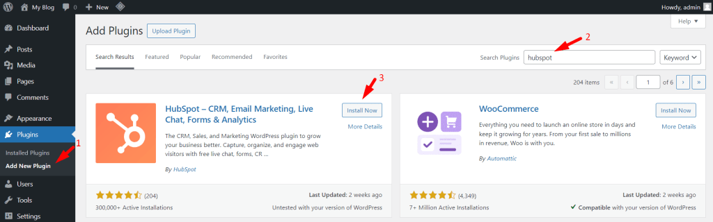 Install HubSpot plugin in WordPress