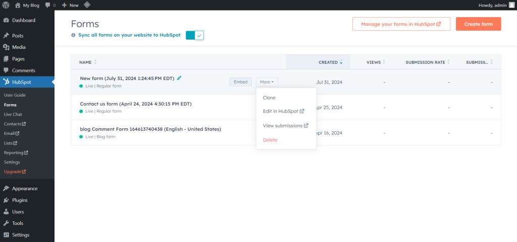 Manage forms in WordPress with HubSpot plugins