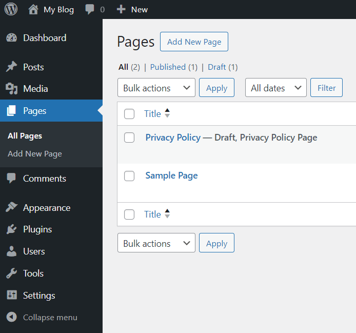 WordPress Pages Dashboard