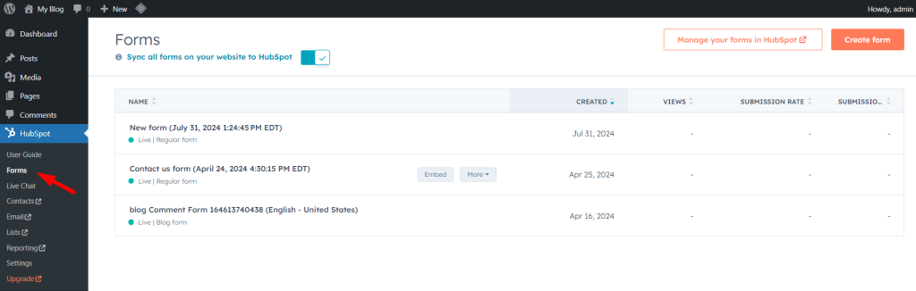 Access the HubSpot form in WordPress