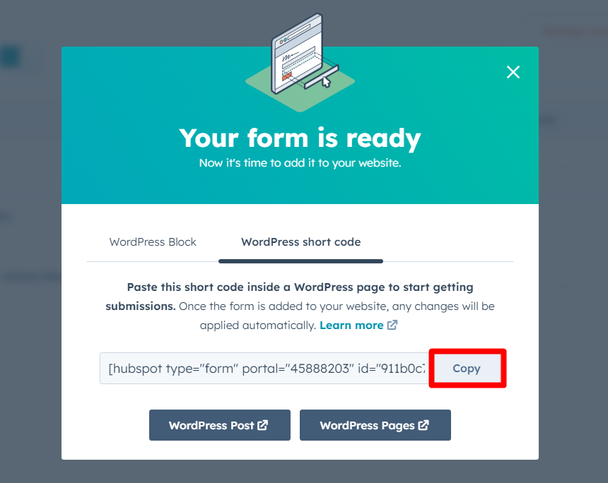 Copy shortcode of HubSpot Form