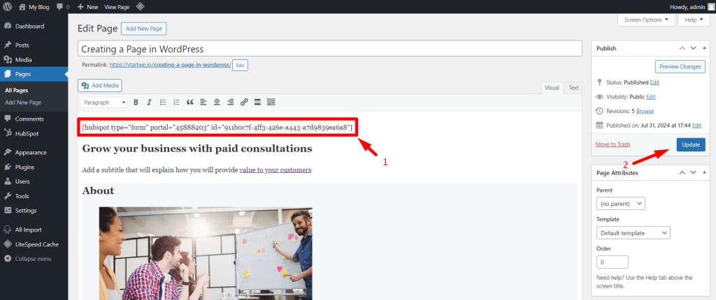 Past Shortcode of HubSpot form on WordPress page