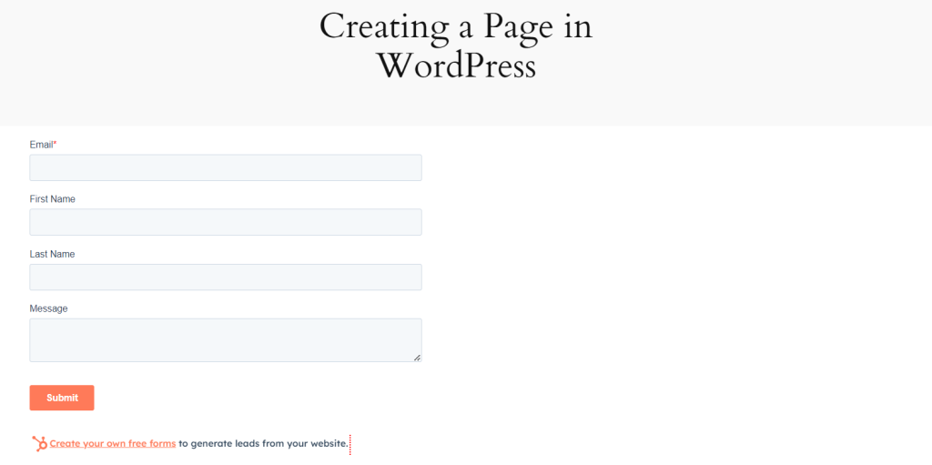 WordPress page with HubSpot form embedded