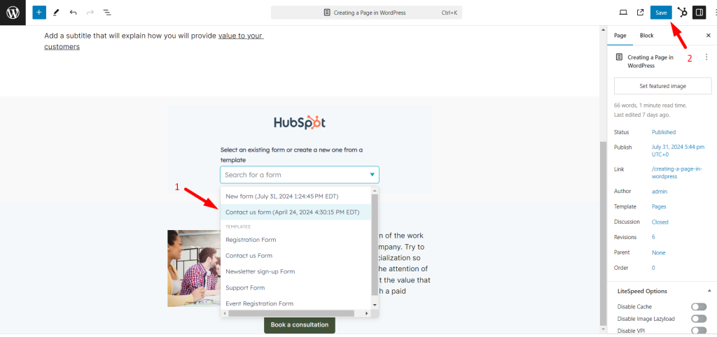 Select HubSpot form to Embed