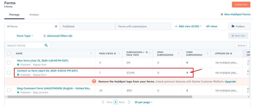 Track performance of HubSpot form 1