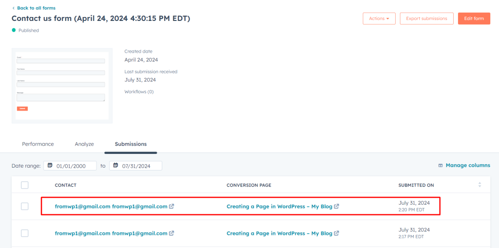 Individual contacts in HubSpot form