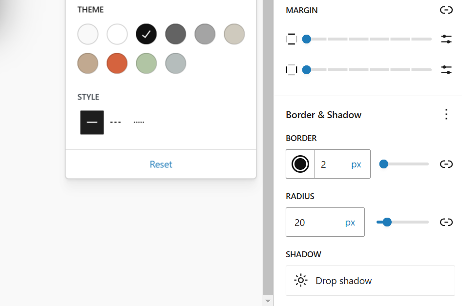 Border & Shadow panel in the custom block’s sidebar panel