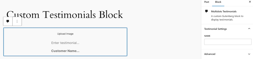 Custom Testimonials block in the editor