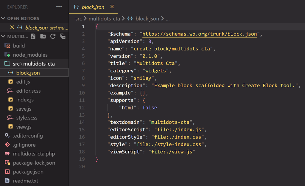Default block.json file generated by the create-block tool