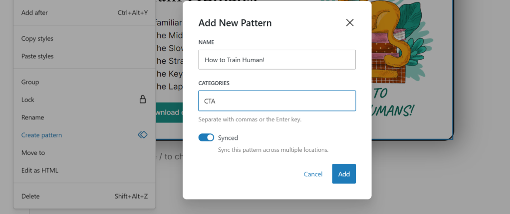 Set the filled-in CTA block as a synced pattern
