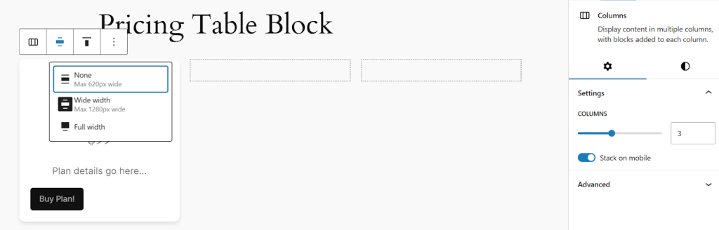 Setting the number of columns in the Inspector Panel