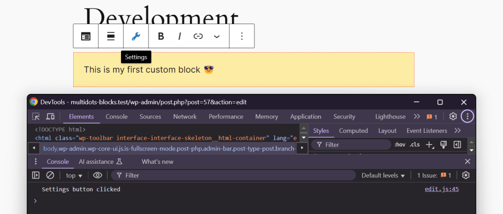 The Settings button in the custom block’s toolbar