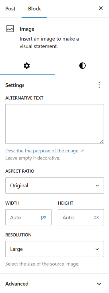 The image block’s default Inspector Panel options