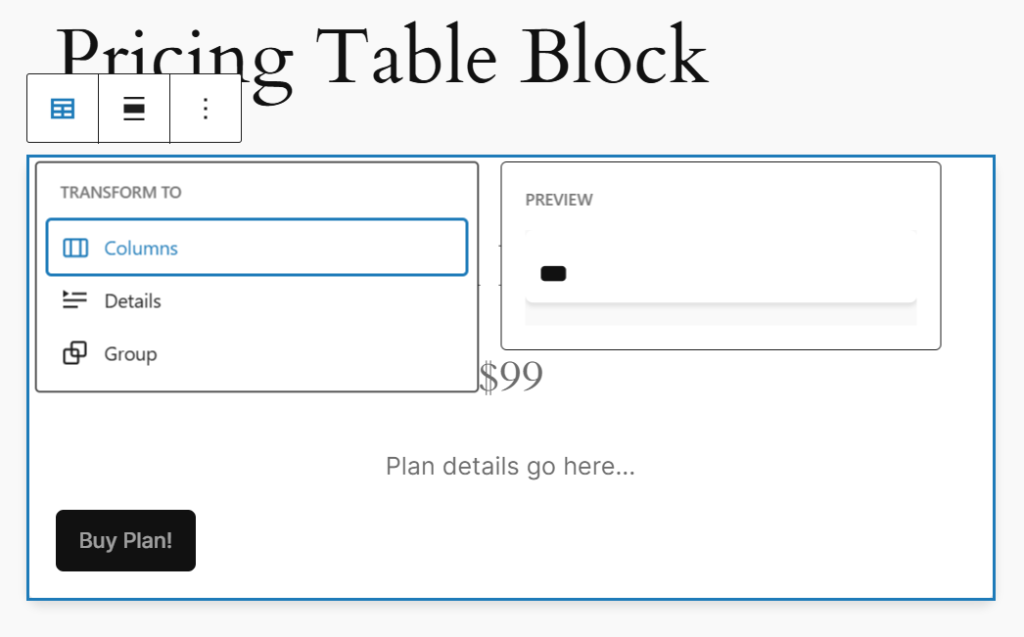 Transforming the block to a Columns group block