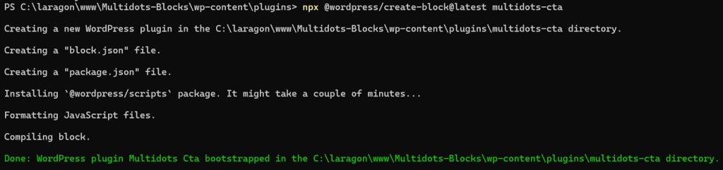 Using the create-block tool to scaffold a block