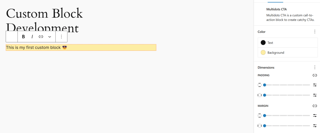 The “Placeholder text” appears in the block’s Inspector Panel